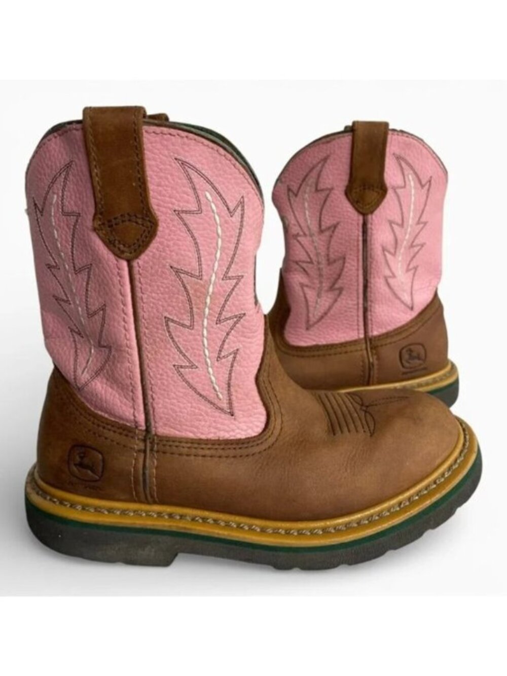 John Deere Pink Leather Western Cowboy Cowgirl Boots Youth Kids Girls Boys 2.5 M